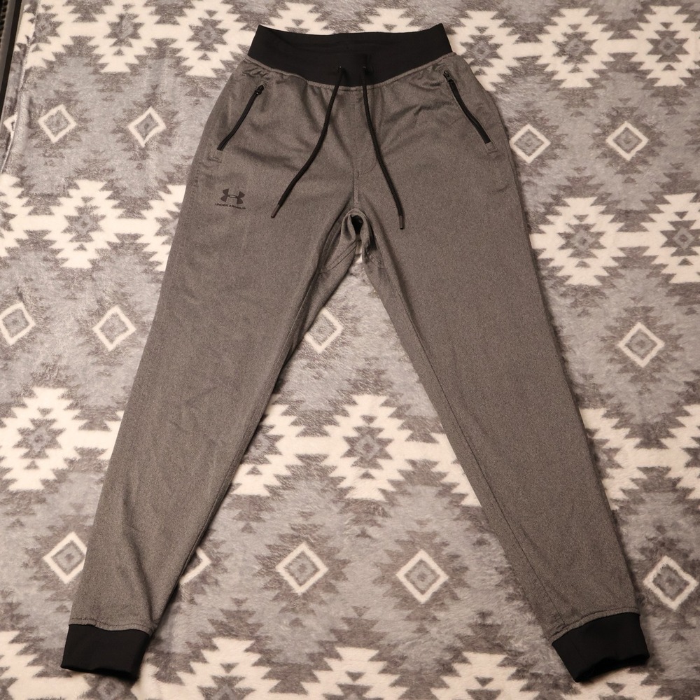 Under Armour Mens Gray Tapered Jogger Sweatpants Small Heather Charcoal Pockets